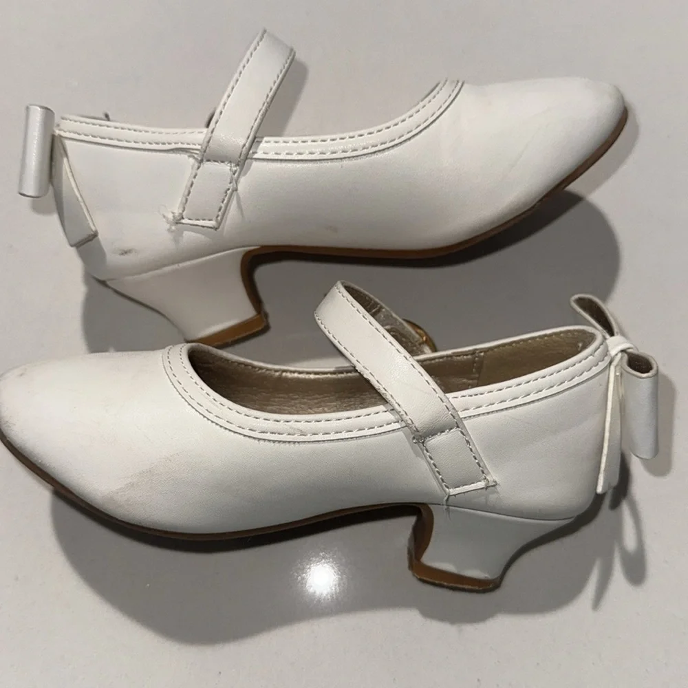 Girls White Dress Heel Shoes With Bow 9
